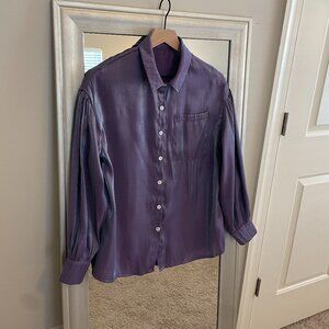 Shein Women's Purple Blue Shimmer Pleated Long Sleeve Blouse Top XS